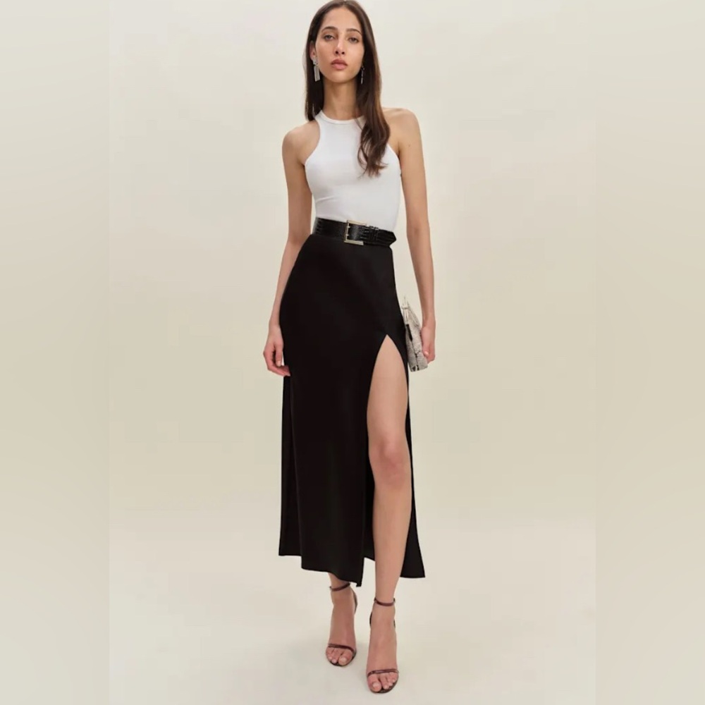 NWT Reformation Layla SatinBlack Slit Maxi Skirt